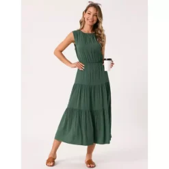 Women's Summer Dresses Sleeveless Crewneck Sundress Tiered Casual Flowy Midi Dress With Pockets -Fashion Clothing Store 7604344 ALT2