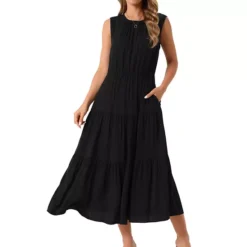 Women's Summer Dresses Sleeveless Crewneck Sundress Tiered Casual Flowy Midi Dress With Pockets -Fashion Clothing Store 7604344 Black 1