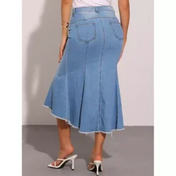 Women's Washed Fishtail Skirt High Waist Jean Denim Raw Hem Fashion Casual Midi Skirt -Fashion Clothing Store 7604345 ALT2