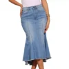 Women's Washed Fishtail Skirt High Waist Jean Denim Raw Hem Fashion Casual Midi Skirt