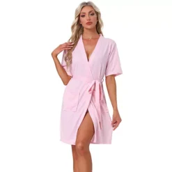 Women's Robe Soft V Neck Short Sleeve Cozy Bath Robe With Pocket Lightweight Loungewear -Fashion Clothing Store 7604369 Pink 1