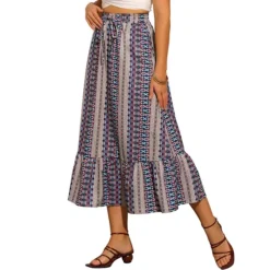 Summer Boho Skirt For Women's Elastic High Waist A-Line Spring Printed Midi Skirt