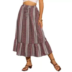 Summer Boho Skirt For Women's Elastic High Waist A-Line Spring Printed Midi Skirt -Fashion Clothing Store 7604370 Dark Red