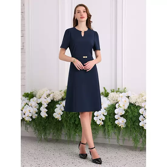 Women's Elegant A-Line Dress Choker V Neck Belted Wear To Work Fit And Flare Dresses 2 Women's Elegant A-Line Dress Choker V Neck Belted Wear To Work Fit And Flare Dresses - Image 2