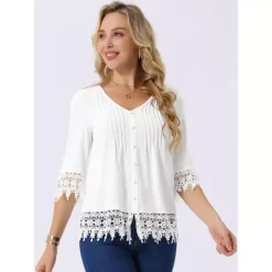 Women's Casual Top V Neck 3/4 Sleeve Hallow Out Solid Tunic Blouse Loose Summer T-Shirt -Fashion Clothing Store 7604465 ALT
