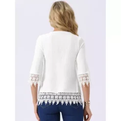 Women's Casual Top V Neck 3/4 Sleeve Hallow Out Solid Tunic Blouse Loose Summer T-Shirt -Fashion Clothing Store 7604465 ALT3