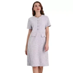 Women's Tweed Dress Button Decor Short Sleeve Elegant Work Sheath Dress