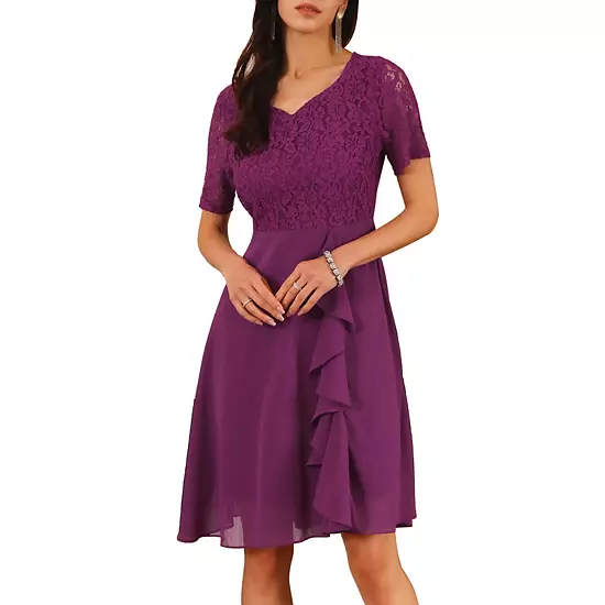 Women's Lace Chiffon Dresses Ruffle Bridesmaid Wedding Cocktail Midi Dress 1 Women's Lace Chiffon Dresses Ruffle Bridesmaid Wedding Cocktail Midi Dress