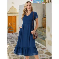 Women's Summer Dress V Neck Short Sleeve Contrast Trim A Line Midi Summer Dress With Pockets -Fashion Clothing Store 7604594 ALT2