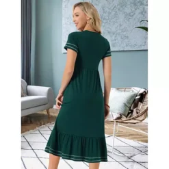 Women's Summer Dress V Neck Short Sleeve Contrast Trim A Line Midi Summer Dress With Pockets -Fashion Clothing Store 7604594 ALT3