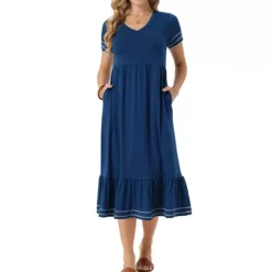 Women's Summer Dress V Neck Short Sleeve Contrast Trim A Line Midi Summer Dress With Pockets -Fashion Clothing Store 7604594 Blue