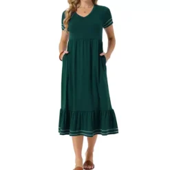Women's Summer Dress V Neck Short Sleeve Contrast Trim A Line Midi Summer Dress With Pockets
