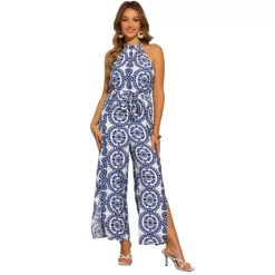 Boho Jumpsuit For Women's Sleevless Tie Halter Neck Belt Slit Wide Leg Pants