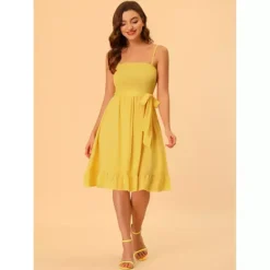 Summer Boho Dress For Women's Smocked Spaghetti Strap Tie Waist Ruffle Beach Cami Dresses -Fashion Clothing Store 7604638 ALT2