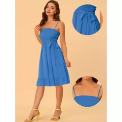 Summer Boho Dress For Women's Smocked Spaghetti Strap Tie Waist Ruffle Beach Cami Dresses -Fashion Clothing Store 7604638 ALT3