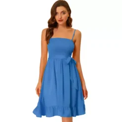 Summer Boho Dress For Women's Smocked Spaghetti Strap Tie Waist Ruffle Beach Cami Dresses