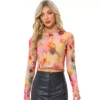 Women's Mesh Crop Top Crew Neck Long Sleeve Tie Dye See Through Shirt Sheer Fashion Blouse Top