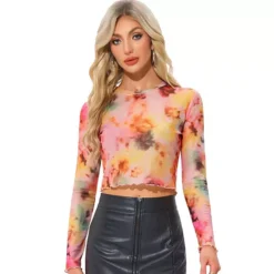 Women's Mesh Crop Top Crew Neck Long Sleeve Tie Dye See Through Shirt Sheer Fashion Blouse Top