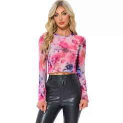 Women's Mesh Crop Top Crew Neck Long Sleeve Tie Dye See Through Shirt Sheer Fashion Blouse Top -Fashion Clothing Store 7667616 Multicolor Purple
