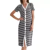 Women's Casual Summer Dress Striped Ribbed Knit Dress Short Sleeve V Neck Midi Dresses
