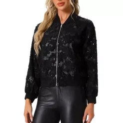 Women's Sequin Jacket Long Sleeve Zipper Sparkly Party Bomber Jacket -Fashion Clothing Store 7672194 Black