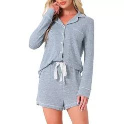 Women's Lounge Set Soft Button Up Notch Collar Long Sleeve With Shorts Set With Pockets