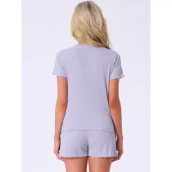 Women's Pajama Set Soft Short Sleeve Shorts Set Crewneck Ruffle Lounge Set With Pocket -Fashion Clothing Store 7672204 ALT2