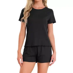 Women's Pajama Set Soft Short Sleeve Shorts Set Crewneck Ruffle Lounge Set With Pocket -Fashion Clothing Store 7672204 Black 1