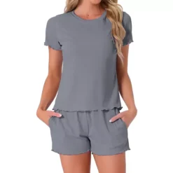 Women's Pajama Set Soft Short Sleeve Shorts Set Crewneck Ruffle Lounge Set With Pocket -Fashion Clothing Store 7672204 Grey