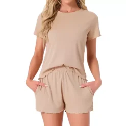 Women's Pajama Set Soft Short Sleeve Shorts Set Crewneck Ruffle Lounge Set With Pocket -Fashion Clothing Store 7672204 Khaki