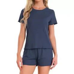 Women's Pajama Set Soft Short Sleeve Shorts Set Crewneck Ruffle Lounge Set With Pocket -Fashion Clothing Store 7672204 Navy