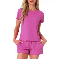 Women's Pajama Set Soft Short Sleeve Shorts Set Crewneck Ruffle Lounge Set With Pocket -Fashion Clothing Store 7672204 Rose