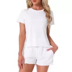 Women's Pajama Set Soft Short Sleeve Shorts Set Crewneck Ruffle Lounge Set With Pocket -Fashion Clothing Store 7672204 White