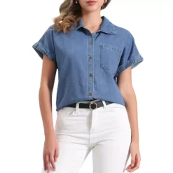Women's Denim Shirt Short Sleeve Button Down Classic Jean Shirt Tops -Fashion Clothing Store 7681304 Blue