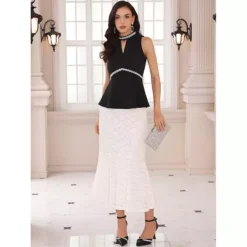 Women's Halter Tops Beaded Mock Neck Keyhole Sleeveless Cocktail Peplum Blouse -Fashion Clothing Store 7681309 ALT2