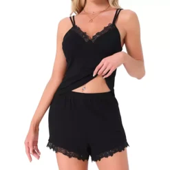 Women's Sleeveless Lounge Set Lace Spaghetti Strap Summer Shorts Set Cami Pajama Set 14 Women's Sleeveless Lounge Set Lace Spaghetti Strap Summer Shorts Set Cami Pajama Set -Fashion Clothing Store 7684165 Black