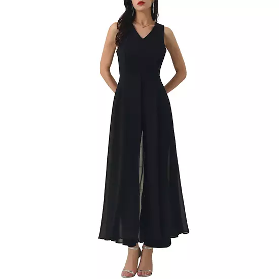 Women's Wide Leg Jumpsuits Chiffon V Neck Cocktail Sleeveless Jumpsuit 6 Women's Wide Leg Jumpsuits Chiffon V Neck Cocktail Sleeveless Jumpsuit - Image 6