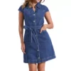 Women's Summer Denim Dress Casual Cap Sleeve Belted Button Down V Neck Jean Shirt Dresses