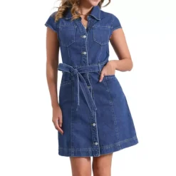 Women's Summer Denim Dress Casual Cap Sleeve Belted Button Down V Neck Jean Shirt Dresses