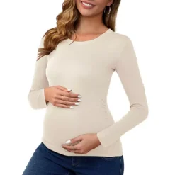 Women's Maternity Ruched Tops Long Sleeve Shirts Casual Blouses Basic T-Shirt Clothing -Fashion Clothing Store 7690894 Beige