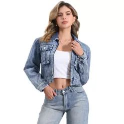 Casual Denim Jacket For Women's Zip Up Long Sleeves Pockets Crop Jean Jacket