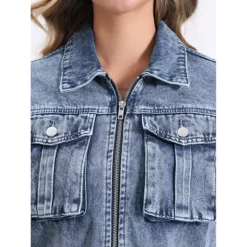 Casual Denim Jacket For Women's Zip Up Long Sleeves Pockets Crop Jean Jacket -Fashion Clothing Store 7692985 ALT3