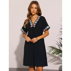 Boho Babydoll Dress For Women's Summer Embroidered V Neck Short Sleeve Flowy Shift Dress -Fashion Clothing Store 7692989 ALT2
