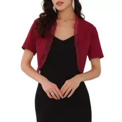 Women's Ruffle Bolero Shrug Short Sleeve Open Front Formal Cropped Cardigan