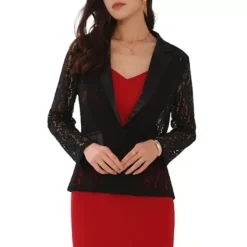 Women's Floral Lace Blazer Mesh Lapel Collar One Button Dressy Casual Blazers