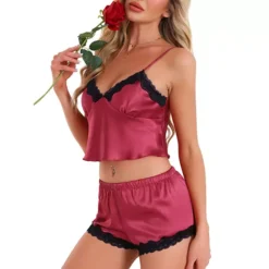Women's Lounge Set Lace Sleeveless Pajama Set Cami And Shorts Set Removable Chest Cushion Pj Set -Fashion Clothing Store 7696731 Red