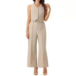 Two Piece Outfits For Women's Casual Sleeveless Crop Top V Neck Wide Leg Pants Sweatsuits
