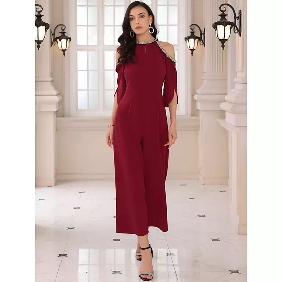 Women's Halter Jumpsuits Sequin Cold Shoulder Split Sleeve Party Cocktail Wide Leg Jumpsuits 2 Women's Halter Jumpsuits Sequin Cold Shoulder Split Sleeve Party Cocktail Wide Leg Jumpsuits - Image 2