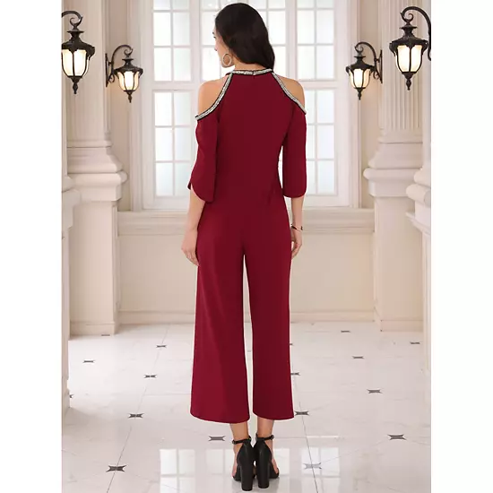 Women's Halter Jumpsuits Sequin Cold Shoulder Split Sleeve Party Cocktail Wide Leg Jumpsuits 3 Women's Halter Jumpsuits Sequin Cold Shoulder Split Sleeve Party Cocktail Wide Leg Jumpsuits - Image 3