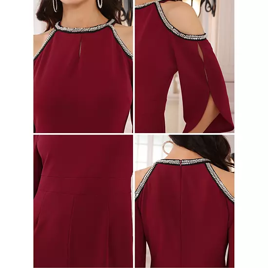 Women's Halter Jumpsuits Sequin Cold Shoulder Split Sleeve Party Cocktail Wide Leg Jumpsuits 4 Women's Halter Jumpsuits Sequin Cold Shoulder Split Sleeve Party Cocktail Wide Leg Jumpsuits - Image 4